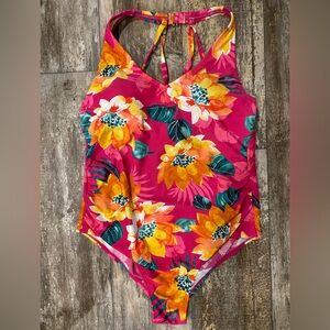Kona Sol Pink and Orange Floral One Piece Swimsuit